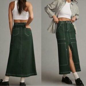 Anthropologie Pilcro Denim Carpenter Maxi Skirt Jean Dark Green Size 12